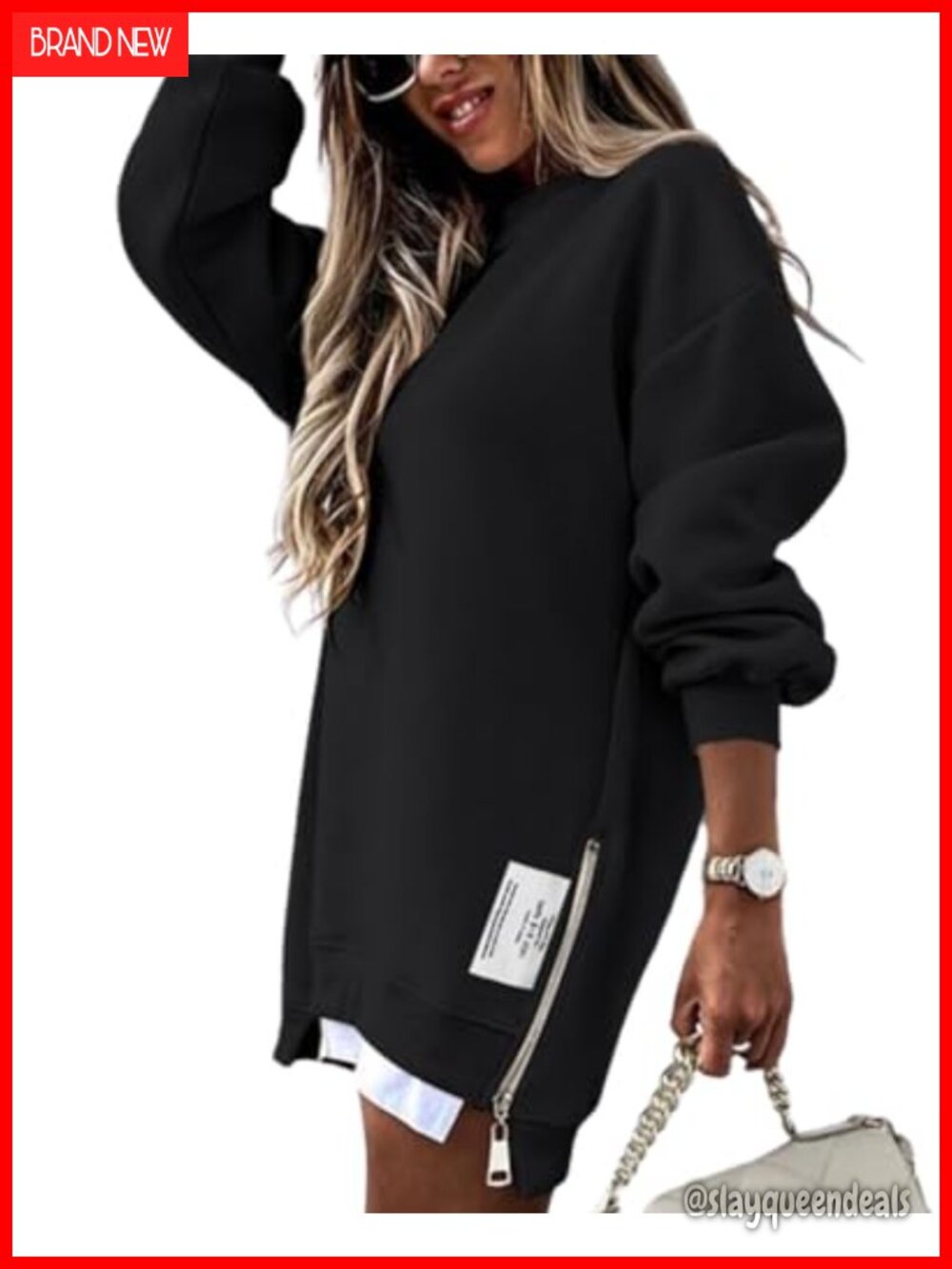 Women's Oversized Crewneck Sweatshirt Side Zipper Slit Pullover Top